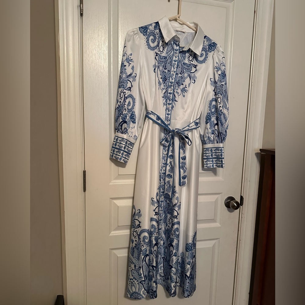 White and Blue Paisley Shirt Dress with Tie Waist